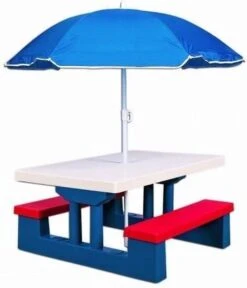 Merkloos Kinder Picknicktafel Met Parasol - Blauw -Outdoor Kampeerwinkel 1030x1200 1