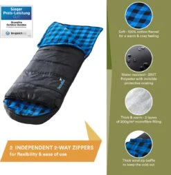 Skandika Dundee Flannel-L Slaapzak – Mummmieslaapzakken – Slaapzakken Volwassen - Maat M – Unisex - Katoen, Luxe Kwaliteit, Dubbele Slaapzak, 3 Seizoenen, Tot -20°C - 220 X 80 Cm - Outdoor Kampeerslaapzak – Ritssluiting Links - Zwart/blauw -Outdoor Kampeerwinkel 1168x1200 7
