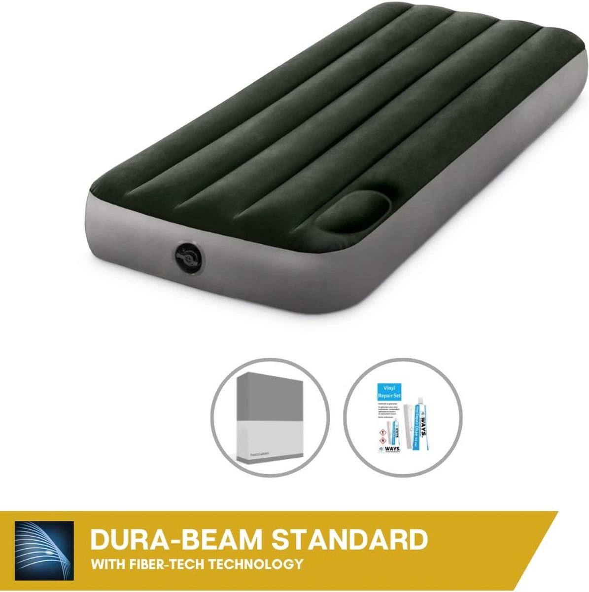 Intex Luchtbed - 1-Persoons - 76 X 191 X 25 Cm - Groen - Met Ingebouwde Voetpomp + Hoeslaken Antraciet + Reparatieset 3 Intex Luchtbed - 1-Persoons - 76 X 191 X 25 Cm - Groen - Met Ingebouwde Voetpomp + Hoeslaken Antraciet + Reparatieset