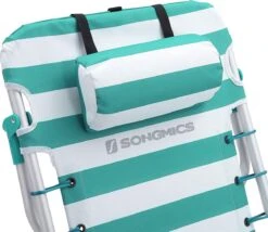 Strandstoel Met Afneembare Hoofdsteun, Draagbare Klapstoel, Campingstoel, Rugleuning Tot 180° Verstelbaar, Met Bekerhouder En Zijvak, Groene En Witte Strepen GCB62JW -Outdoor Kampeerwinkel 1200x1038 1