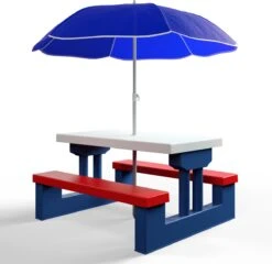 Merkloos Kinder Picknicktafel Met Parasol - Blauw -Outdoor Kampeerwinkel 1200x1167