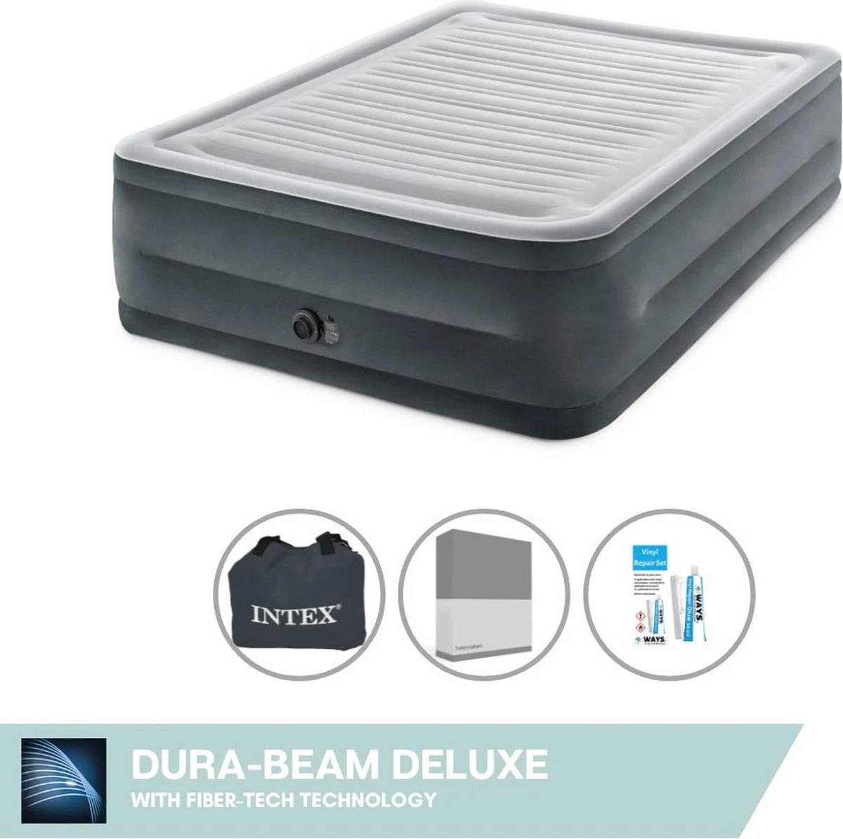 Intex Luchtbed - 2-Persoons - 152 X 203 X 33 Cm - Grijs - Met Ingebouwde Pomp, Hoeslaken Antraciet En Reparatieset 3 Intex Luchtbed - 2-Persoons - 152 X 203 X 33 Cm - Grijs - Met Ingebouwde Pomp, Hoeslaken Antraciet En Reparatieset
