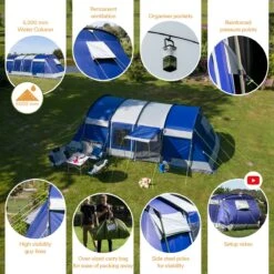 Skandika Montana 8 Sleeper Tent – Tunneltent – 8 Persoons Familietent - Campingtent – Sleeper Technology (2 Tot 4 Extra Donkere Slaapcabines) – Ingenaaide Tentvloer - Muggengaas – 700 X 310 X 200 Cm (LxBxH) – 5000mm Waterkolom – Kamperen – Blauw/wit -Outdoor Kampeerwinkel 1200x1199
