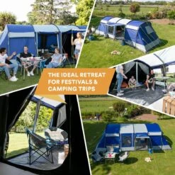 Skandika Montana 8 Sleeper Tent – Tunneltent – 8 Persoons Familietent - Campingtent – Sleeper Technology (2 Tot 4 Extra Donkere Slaapcabines) – Ingenaaide Tentvloer - Muggengaas – 700 X 310 X 200 Cm (LxBxH) – 5000mm Waterkolom – Kamperen – Blauw/wit -Outdoor Kampeerwinkel 1200x1200 175
