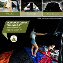 Skandika Montana 8 Sleeper Tent – Tunneltent – 8 Persoons Familietent - Campingtent – Sleeper Technology (2 Tot 4 Extra Donkere Slaapcabines) – Ingenaaide Tentvloer - Muggengaas – 700 X 310 X 200 Cm (LxBxH) – 5000mm Waterkolom – Kamperen – Blauw/wit -Outdoor Kampeerwinkel 1200x1200 176