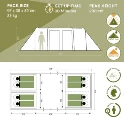 Skandika Montana 8 Sleeper Tent – Tunneltent – 8 Persoons Familietent - Campingtent – Sleeper Technology (2 Tot 4 Extra Donkere Slaapcabines) – Ingenaaide Tentvloer - Muggengaas – 700 X 310 X 200 Cm (LxBxH) – 5000mm Waterkolom – Kamperen – Blauw/wit -Outdoor Kampeerwinkel 1200x1200 177