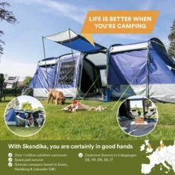 Skandika Montana 8 Sleeper Tent – Tunneltent – 8 Persoons Familietent - Campingtent – Sleeper Technology (2 Tot 4 Extra Donkere Slaapcabines) – Ingenaaide Tentvloer - Muggengaas – 700 X 310 X 200 Cm (LxBxH) – 5000mm Waterkolom – Kamperen – Blauw/wit -Outdoor Kampeerwinkel 1200x1200 179