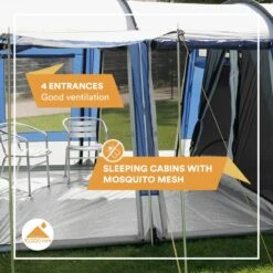 Skandika Montana 8 Tent – Tunneltenten – 8 Persoons Tent – Campingtent – 200 Cm Stahoogte – 2-4 Slaapcabines - Muggengaas – Familietent – 4 Ingangen – 700 X 310 X 200 Cm (L X B X H) - 5000 Mm Waterkolom – Outdoor, Camping – Kamperen – Blauw -Outdoor Kampeerwinkel 1200x1200 181