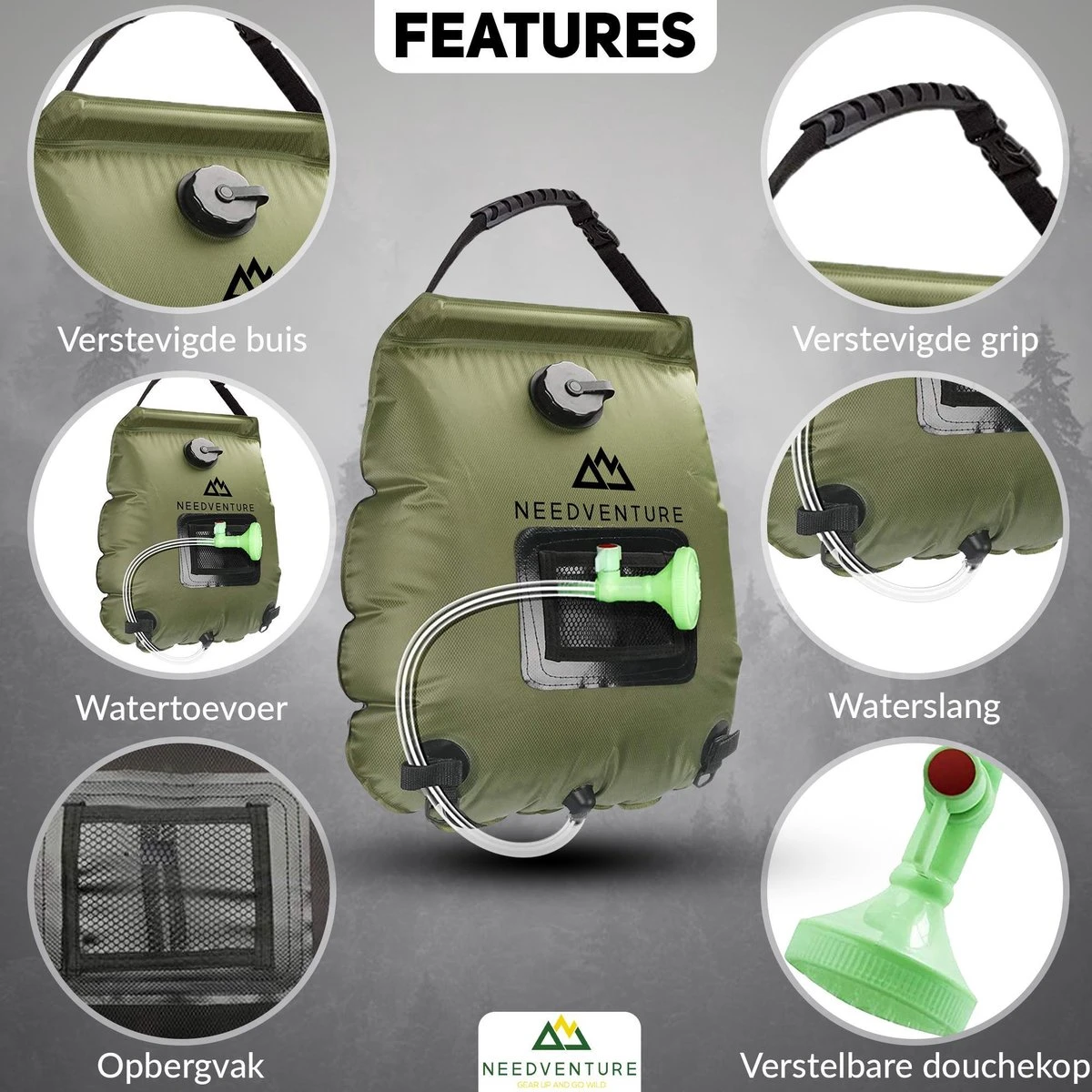 Needventure Solar Douche - Camping Douchezak - Buiten Douche - Tuindouche - Inclusief Thermometer - Waterzak Met Douchekop - 20L - Groen 4 Needventure Solar Douche - Camping Douchezak - Buiten Douche - Tuindouche - Inclusief Thermometer - Waterzak Met Douchekop - 20L - Groen - Afbeelding 2
