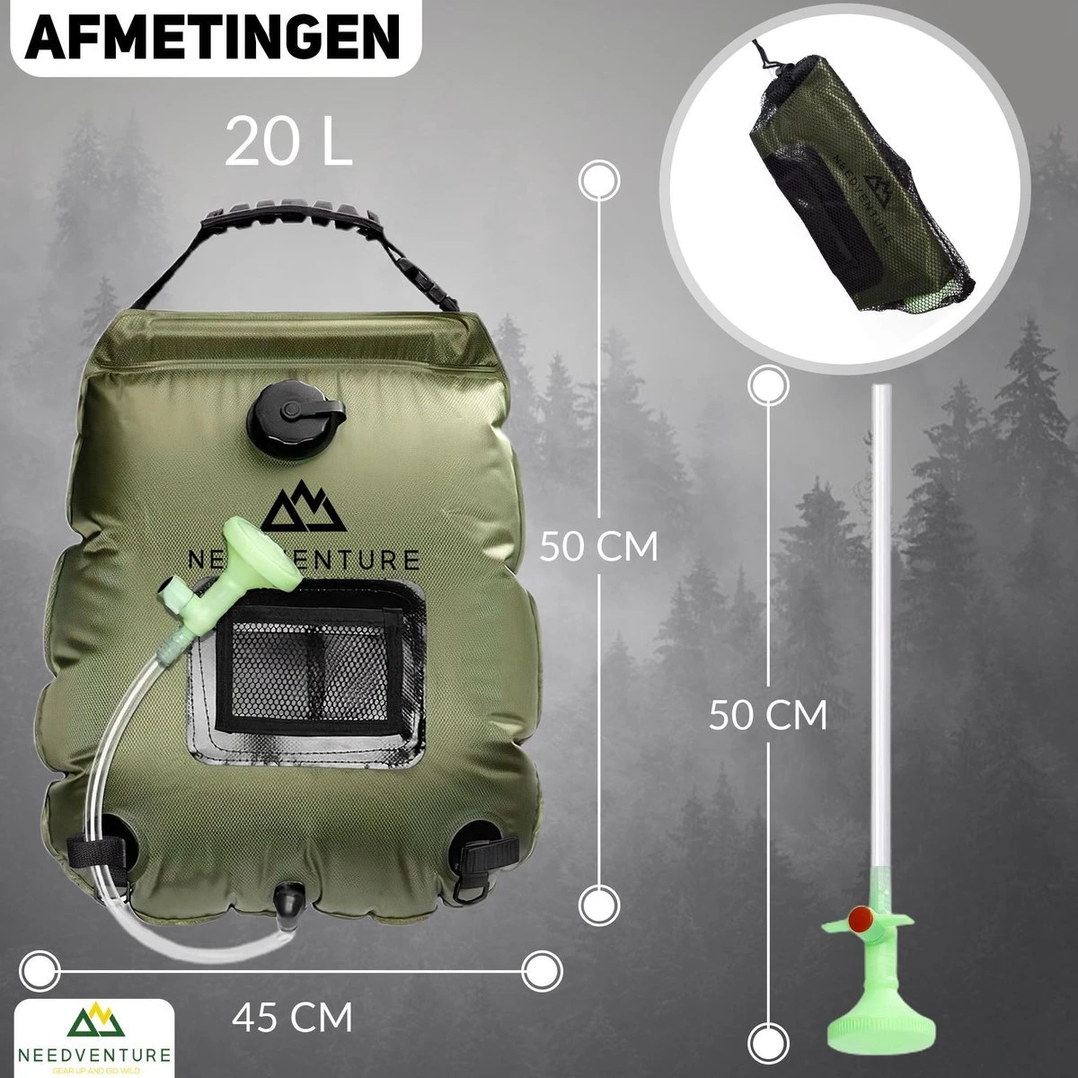 Needventure Solar Douche - Camping Douchezak - Buiten Douche - Tuindouche - Inclusief Thermometer - Waterzak Met Douchekop - 20L - Groen 5 Needventure Solar Douche - Camping Douchezak - Buiten Douche - Tuindouche - Inclusief Thermometer - Waterzak Met Douchekop - 20L - Groen - Afbeelding 3