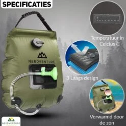 Needventure Solar Douche - Camping Douchezak - Buiten Douche - Tuindouche - Inclusief Thermometer - Waterzak Met Douchekop - 20L - Groen 14 Needventure Solar Douche - Camping Douchezak - Buiten Douche - Tuindouche - Inclusief Thermometer - Waterzak Met Douchekop - 20L - Groen -Outdoor Kampeerwinkel 1200x1200 2017