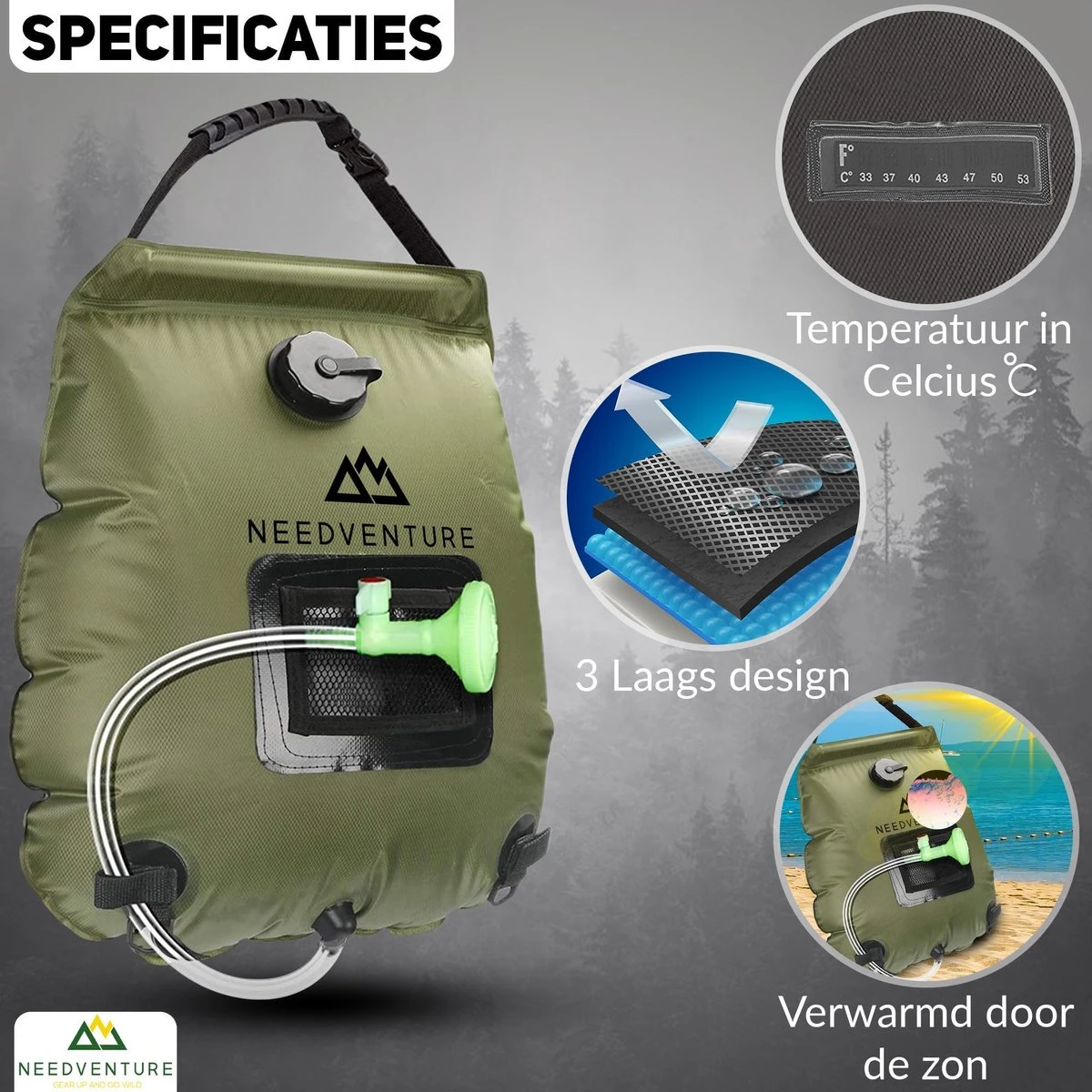 Needventure Solar Douche - Camping Douchezak - Buiten Douche - Tuindouche - Inclusief Thermometer - Waterzak Met Douchekop - 20L - Groen 7 Needventure Solar Douche - Camping Douchezak - Buiten Douche - Tuindouche - Inclusief Thermometer - Waterzak Met Douchekop - 20L - Groen - Afbeelding 5