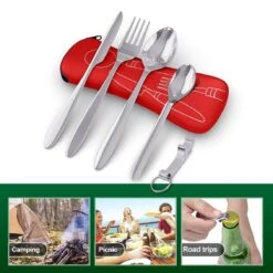 Roestvrij Staal Bestek (kampeerset) – Draagbare Reislepels, -vork En -mes Voor Festivals, Camping Of Trektochten - Wordt Geleverd Met Een Neopreen Draagtasje Met Een Lichtgewicht Flesopener -Outdoor Kampeerwinkel 1200x1200 2051