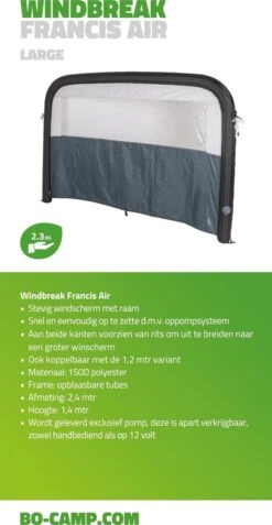 Bo-Camp - Windscherm (tent) - Francis - Air - 2.4 X 1.4 Meter - Grijs -Outdoor Kampeerwinkel 622x1200