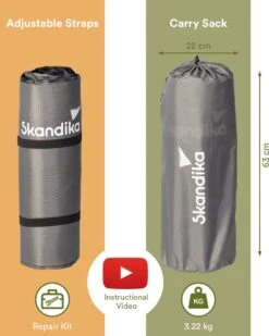 Skandika Easy Single Zelfopblaasbaar Slaapmat – Slaapmat – Slaapmat Zelfopblazend – Logeerbed – Polyester, PVC - Premium Zelfopblazend Luchtbed, Antislip-materiaal, Ideaal Voor Camping – Outdoor, Camping – Kamperen – 196 X 60 X 10 Cm – 3.2kg - Grijs -Outdoor Kampeerwinkel 958x1200